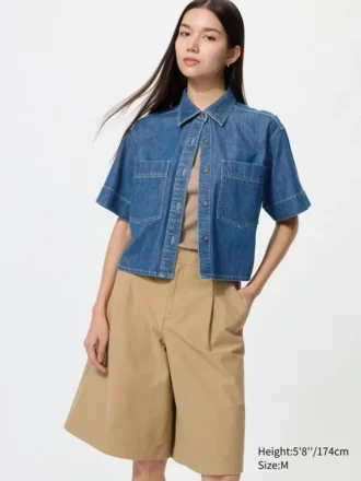 Boxig skjorta i denim för dam | Halvärmade ärmar