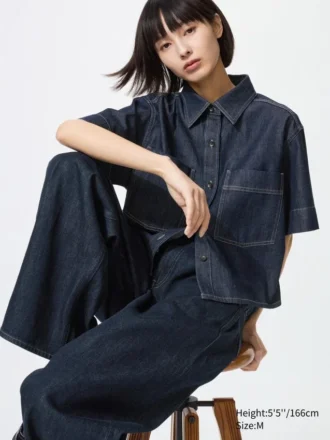 Boxig skjorta i denim för dam | Halvärmade ärmar