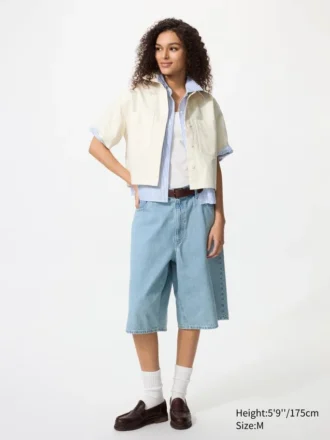 Boxig denimskjorta för dam | Halvärmade ärmar