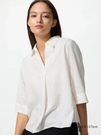 Damblusar i rayon med skipperkrage och 3/4-ärmar | Randig Damblusar i rayon med skipperkrage och 3/4-ärmar | Randig