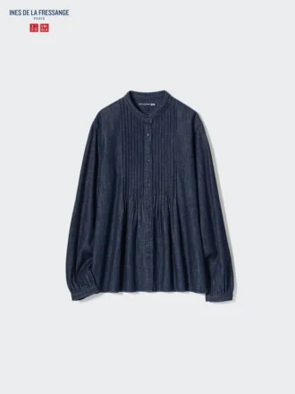 Kortärmad skjorta i denim med bieser för dam