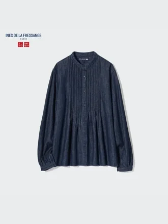 Kortärmad skjorta i denim med bieser för dam