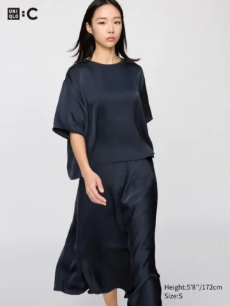 Oversized kort blusar i satin för dam | Halvärmade ärmar Oversized kort blusar i satin för dam | Halvärmade ärmar