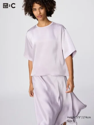 Oversized kort blusar i satin för dam | Halvärmade ärmar Oversized kort blusar i satin för dam | Halvärmade ärmar