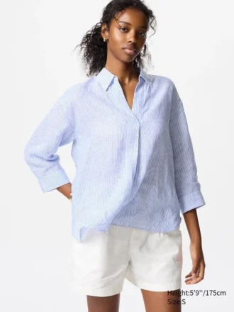 Premium Linen-skjorta med skipperkrage för dam | Randig