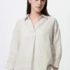 Premium Linen-skjorta med skipperkrage och 3/4-ärmar för dam | Randig Premium Linen-skjorta med skipperkrage och 3/4-ärmar för dam | Randig