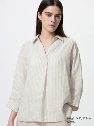 Premium Linen-skjorta med skipperkrage och 3/4-ärmar för dam | Randig