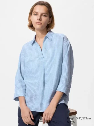 Premium Linen-skjorta med skipperkrage och 3/4-ärmar för dam | Randig