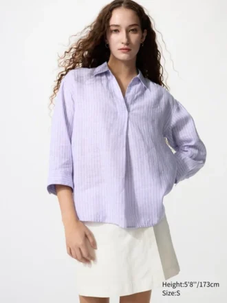 Premium Linen-skjorta med skipperkrage och 3/4-ärmar för dam | Randig