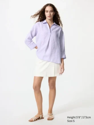 Premium Linen-skjorta med skipperkrage och 3/4-ärmar för dam | Randig