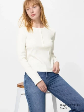 Ribbad Henley-T-shirt för dam