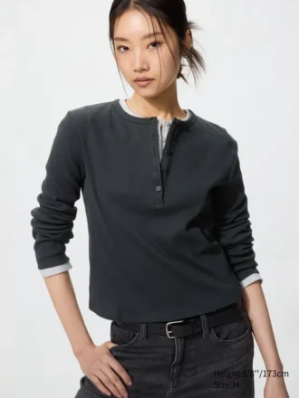 Ribbad Henley-T-shirt för dam