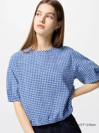 Seersucker-blusar med volym för damer | Gingham